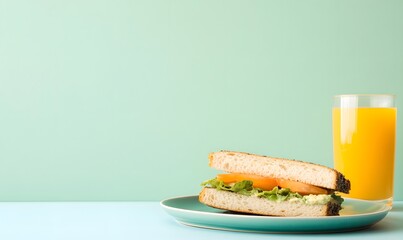 Wall Mural - A sandwich on a plate next to a glass of orange juice, Generative AI