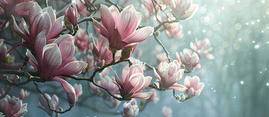 Aufkleber - Pink magnolia flowers on a blossoming magnolia tree creating an elegant copy space image