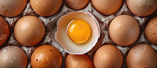 Poster - Top view of a cracked egg with yolk on fresh brown eggs in a carton creating a raw organic food background for a copy space image