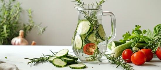 Poster - A jug of cucumber water with rosemary sits alongside vegetables on a white table providing ample space for text in the image
