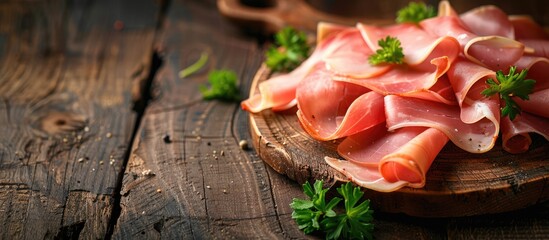 Wall Mural - Fresh ham slice on a rustic table with copy space image ready to be enjoyed as a natural appetizer or snack creating a delightful meal atmosphere