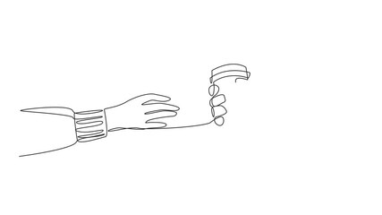 Wall Mural - Animation of continuous one line drawing of a hand gives a paper cup. Buying a cup of warm coffee will increase the concentration. Drinking warm tea can relax the body. Full length motion