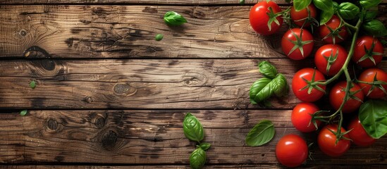 Canvas Print - Fresh cherry tomatoes basil and oregano on an aged wooden rustic background with copy space image