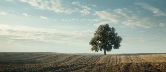 Canvas Print - Rural farm landscape with a solitary tree providing a serene focal point for the copy space image