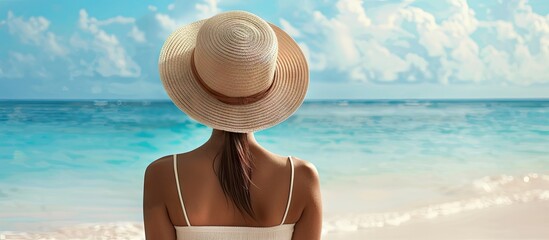 Wall Mural - A young woman wearing a hat relaxes and enjoys the beach and ocean view on a hot summer day in an image with ample copy space