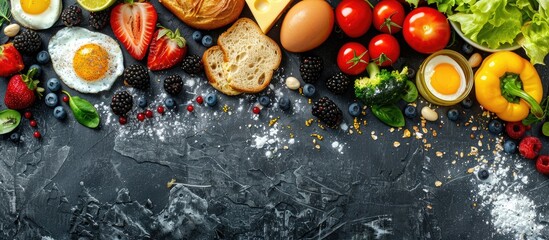 Aufkleber - A visually appealing flat lay breakfast spread featuring fruits salad egg bread vegetables cheese and berries with space for text or images. Creative banner. Copyspace image