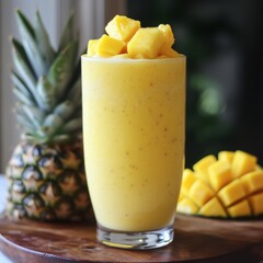 Poster - A refreshing mango smoothie with chunks of mango on top, a whole pineapple to the left, and sliced mango to the right.