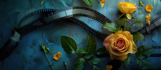 Poster - A yellow rose on a film strip with beautiful flowers and leaves around all against a backdrop with copy space image prominently featuring the yellow rose