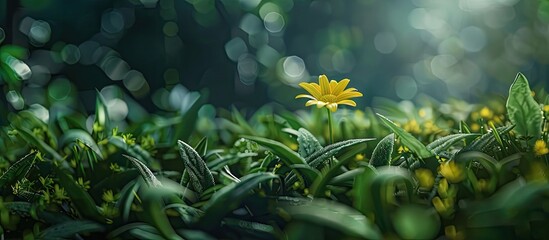 Poster - Greenery background with a small yellow wild flower perfect for copy space image