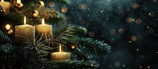 Fototapete - Festive layout on a Christmas card featuring a fir branch adorned with candles along with room for text in a copy space image