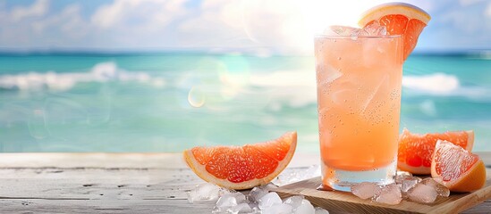 Poster - A refreshing grapefruit cocktail with ice presented on a weathered wooden board against a beach backdrop providing ample copy space for designs
