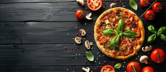 Canvas Print - Delicious pizza with basil mushrooms and tomato on a black wooden table Flat lay composition with copy space image