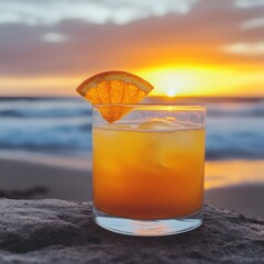 Poster - A refreshing orange cocktail sits on a rocky beach at sunset.