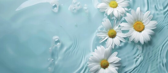 Poster - Top view of daisy flowers in water on a light blue backdrop with room for text in the image. Creative banner. Copyspace image