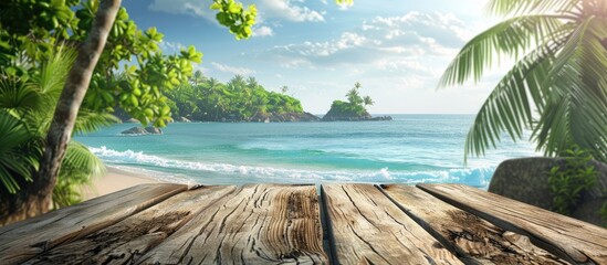Poster - Sea view on an island with a charming wooden log serving as a table background featuring ample copy space for an image