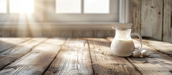 Poster - Wooden table with a jug of fresh milk providing copy space image