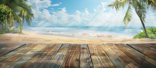 Poster - Wooden table with open view to a sunny tropical beach and palm trees perfect for presenting summer items or ad displays with copy space image