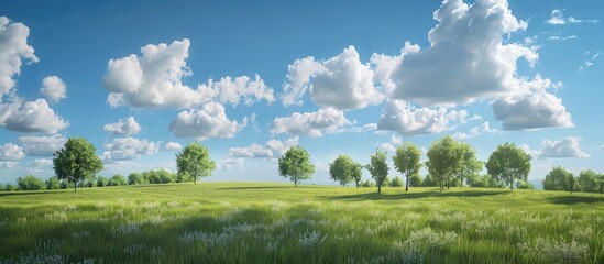 Scenic view of a grassy field with a cluster of trees and fluffy cumulus clouds in the sky ideal for a copy space image