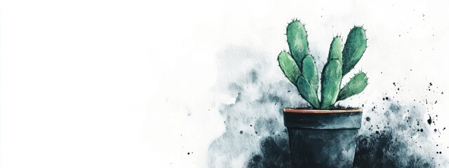 Poster - Watercolor painting of a green cactus in a pot on a white and black background