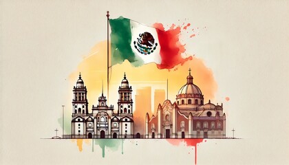 Wall Mural - Watercolor illustration for mexico independence day with famous landmarks.