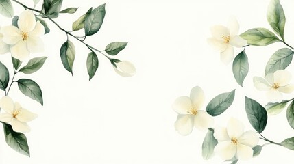 Sticker - White floral elements with green citrus foliage watercolor illustration on a light background suitable for various design applications including stickers embroidery and printing on textiles and pac