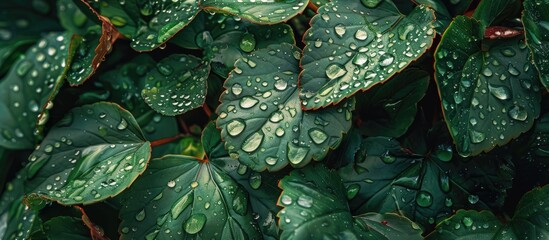 Poster - Leaves adorned with water droplets post rain creating a picturesque scene with copy space image