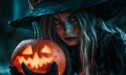 Girl dressed up and made up as a witch with a pumpkin for Halloween celebration in a spooky forest.