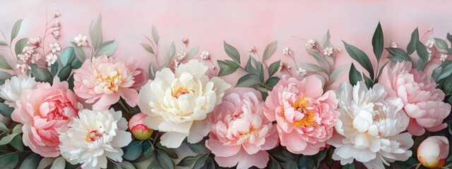 Wall Mural - Watercolor peonies arrangement in a floral frame