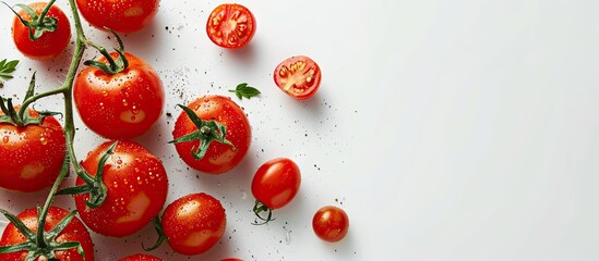 Wall Mural - Fresh red and delicious tomatoes on a white background with copy space image