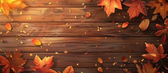 Aufkleber - Nature background featuring autumn leaves on a wooden plank with copy space image