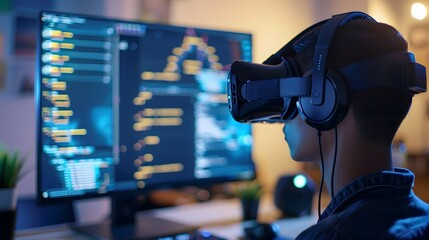 A programmer wearing virtual reality glasses coding immersive VR applications using a computer in a modern tech workspace.