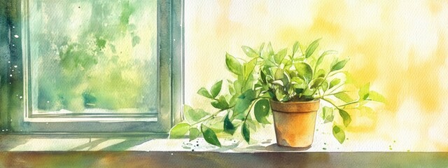 Sticker - Watercolor painting of a vintage window featuring a plant