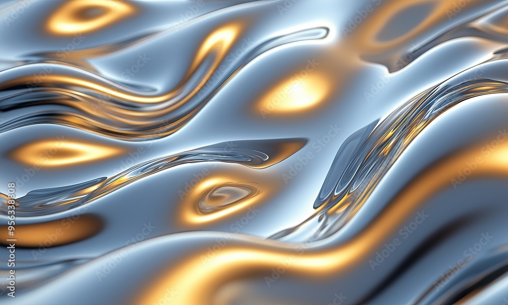 A fluid wave of liquid metal, with flowing curves and reflective ...