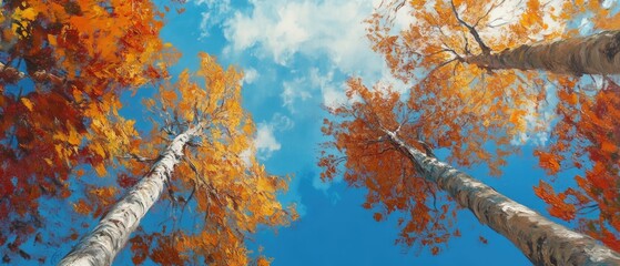 Oil painting showcasing the underside of autumn trees against a bright blue sky on a sunny day emphasizing fall foliage and vibrant colors