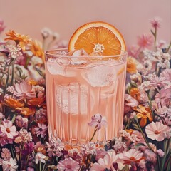 Sticker - A refreshing pink cocktail with ice and an orange slice garnished, surrounded by colorful flowers.