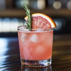 Poster - A refreshing pink cocktail with ice, a blood orange slice, and a sprig of rosemary.