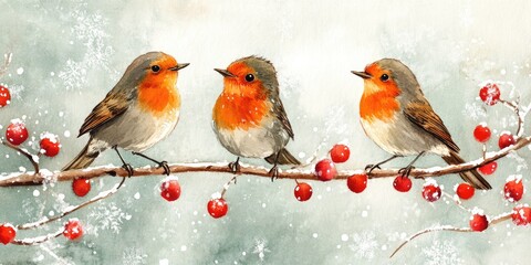 Wall Mural - Watercolor illustration of winter themed robin birds for holiday greeting cards