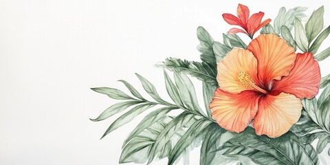 Wall Mural - Watercolor portrayal of leaves and a flower on a white backdrop