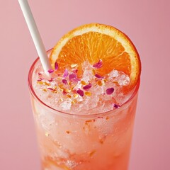 Poster - A refreshing pink drink with ice, orange slice, and edible gold flakes.