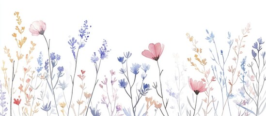 Wall Mural - Watercolor pastel border featuring delicate wildflowers stems and small leaves isolated illustration Soft pink blue and purple floral design ideal for wedding stationery and greeting cards