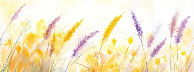 Wall Mural - Watercolor illustration showcasing a close up view of vibrant seasonal yellow and purple grass flowers