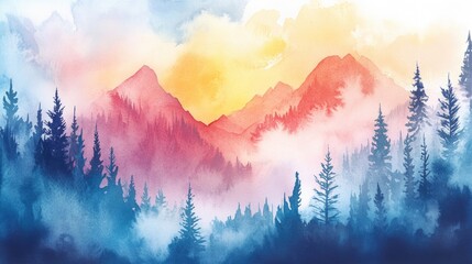 Sticker - Watercolor painting of a mountain landscape featuring trees and clouds