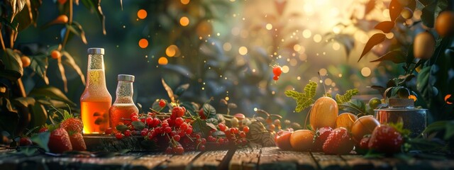 Rustic fruit and berry arrangement with bottles in a nature setting