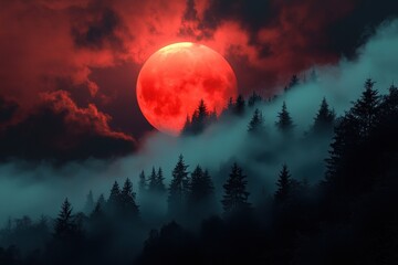 A dramatic landscape featuring a large red moon rising over dark, misty pine trees.