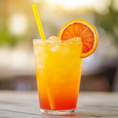 Sticker - A refreshing summer cocktail with a blood orange slice, ice, and a yellow straw.