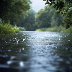 Wall Mural - A river with gentle waves and rain falling on the water.