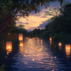 Wall Mural - A river with glowing lanterns floating on its surface at sunset, surrounded by trees.