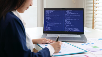 Smart AI cyber bot deep tech tools help write BI prompt code screen. Asia people asian IT woman typing busy work on predict big data mining center office reskill upskill STEM expert skill job course.