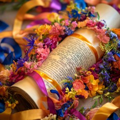 Poster - A rolled up scroll with a flower crown around it and ribbons.