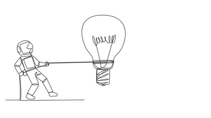 Wall Mural - Animation of single continuous line drawing two astronauts fighting over lightbulb. Compete to find solutions to problems faced outer space. Lack of unity. Cosmonaut deep space. Full length motion